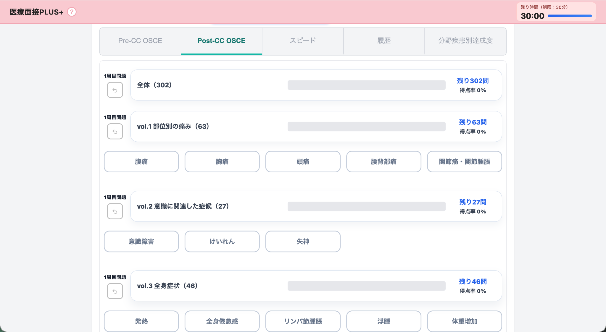 医療面接PLUS+の症例一覧とモード選択画面